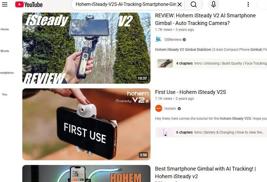 YouTube search results for Hohem iSteady smartphone gimbals