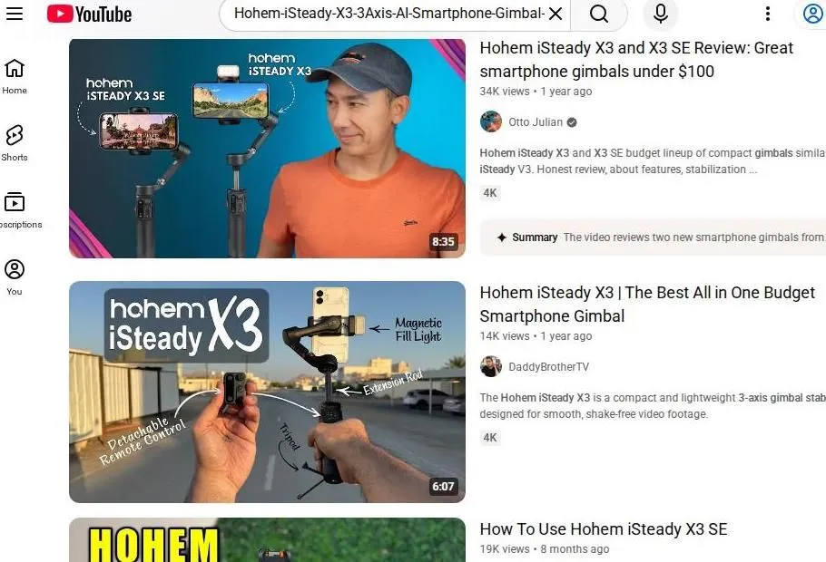 YouTube search results for Hohem iSteady X3 smartphone gimbals