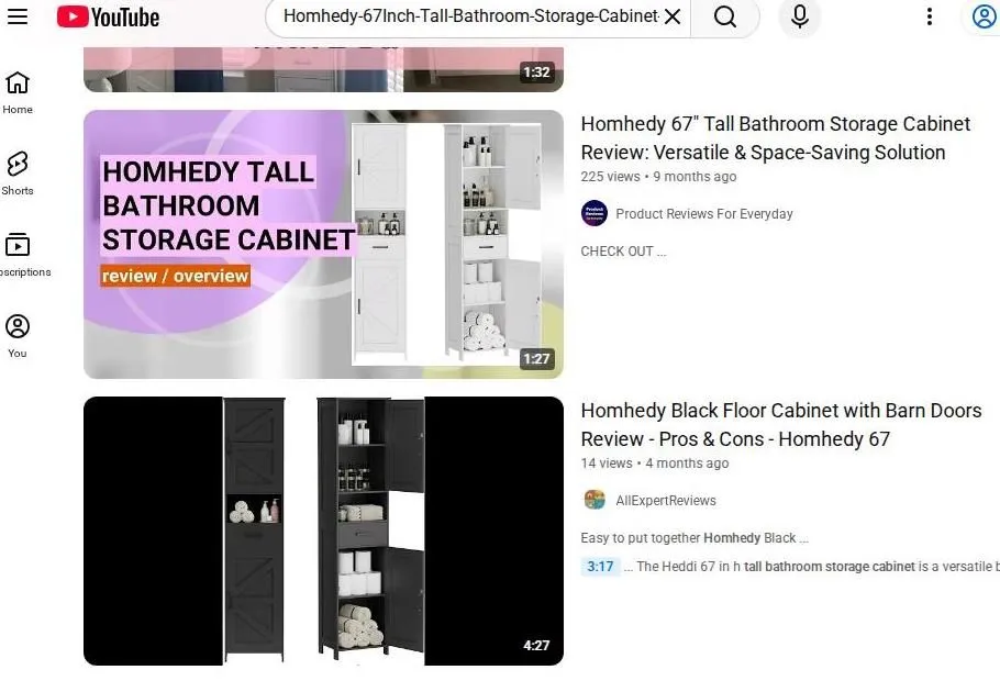 YouTube search results for Homhedy 67 Inch Tall Bathroom Storage Cabinet