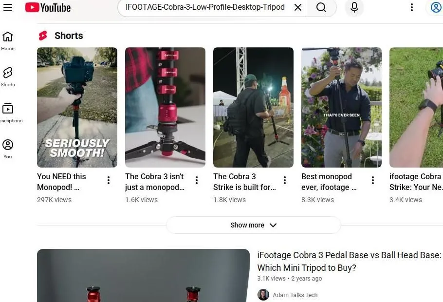 YouTube search results for iFootage Cobra 3 tripod
