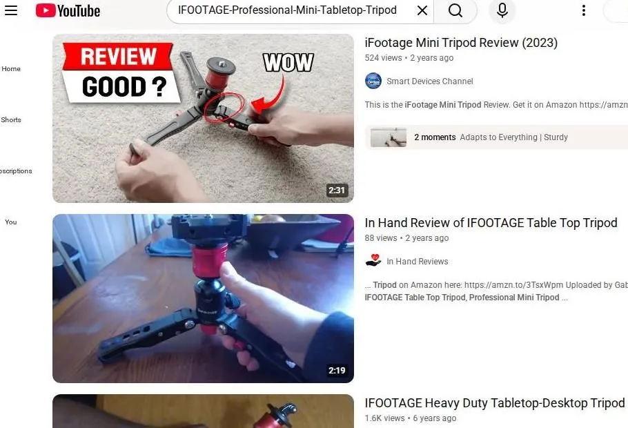 YouTube search results for iFootage mini tabletop tripods