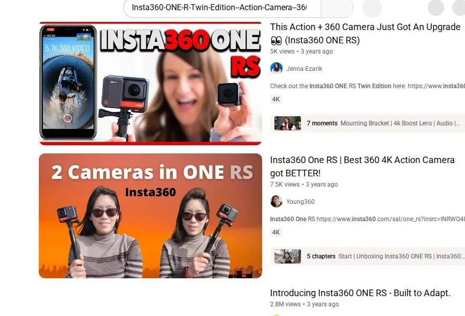YouTube search results for Insta360 ONE RS action camera