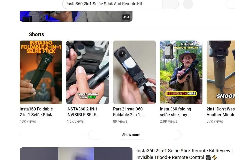 YouTube search results for Insta360 selfie stick