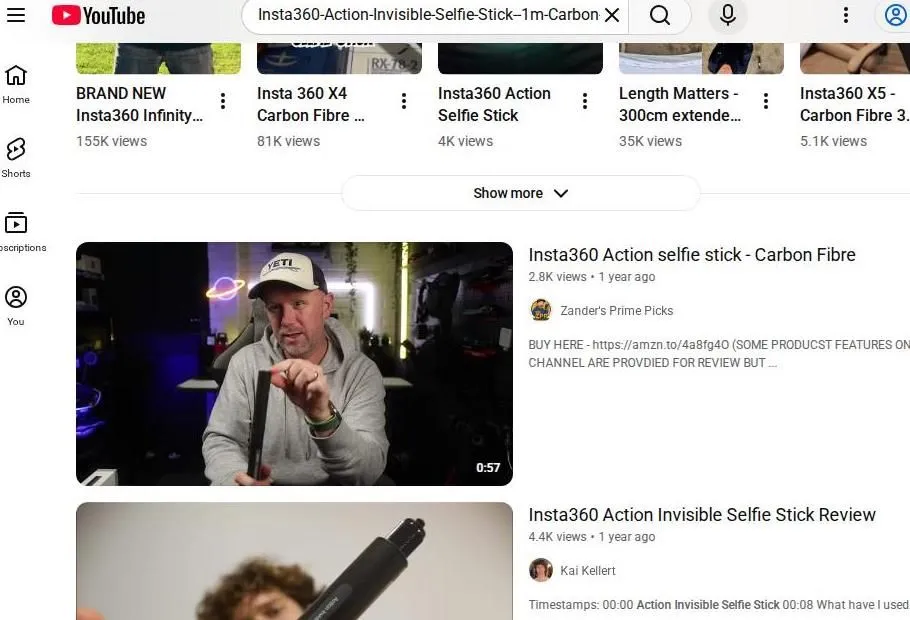 YouTube search results for Insta360 selfie sticks