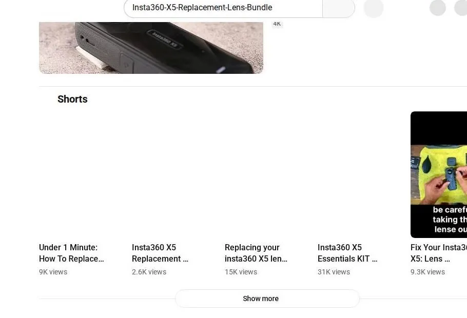 YouTube search results for Insta360 X5 lens replacement