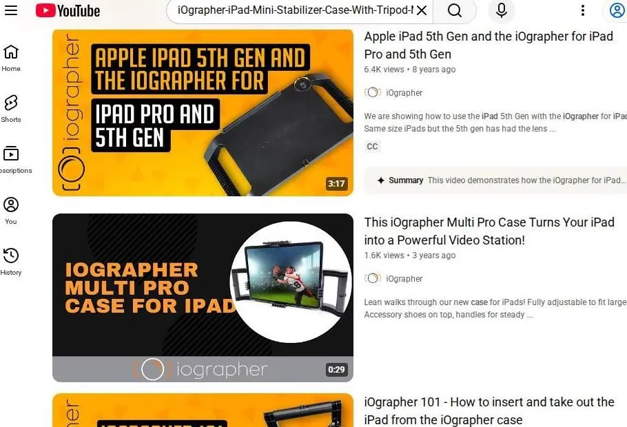 YouTube search results for iOgrapher iPad stabilizer cases