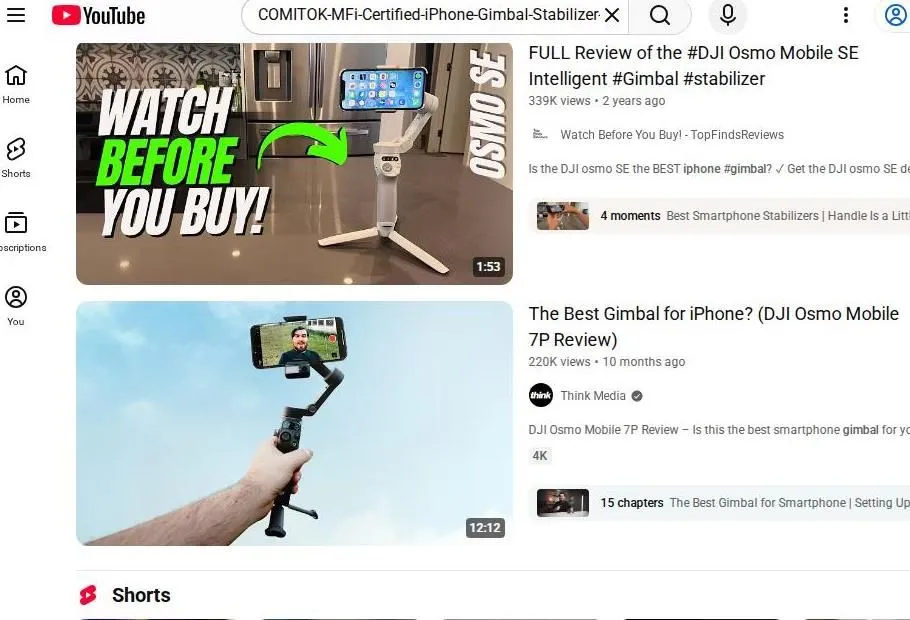 YouTube search results for iPhone gimbal stabilizers