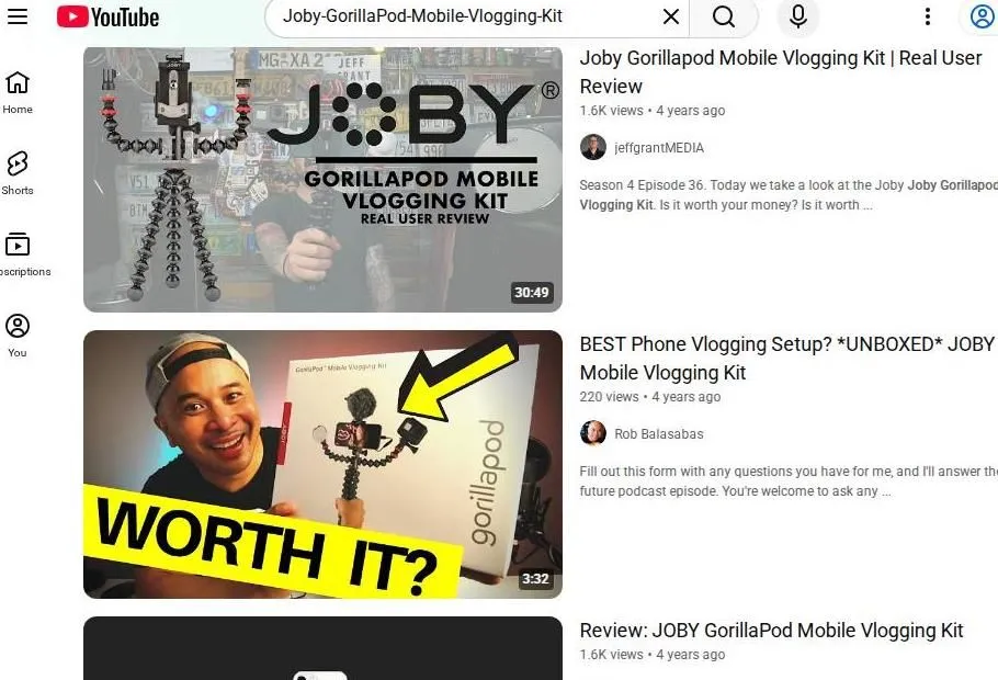 YouTube search results for Joby GorillaPod Mobile Vlogging Kit