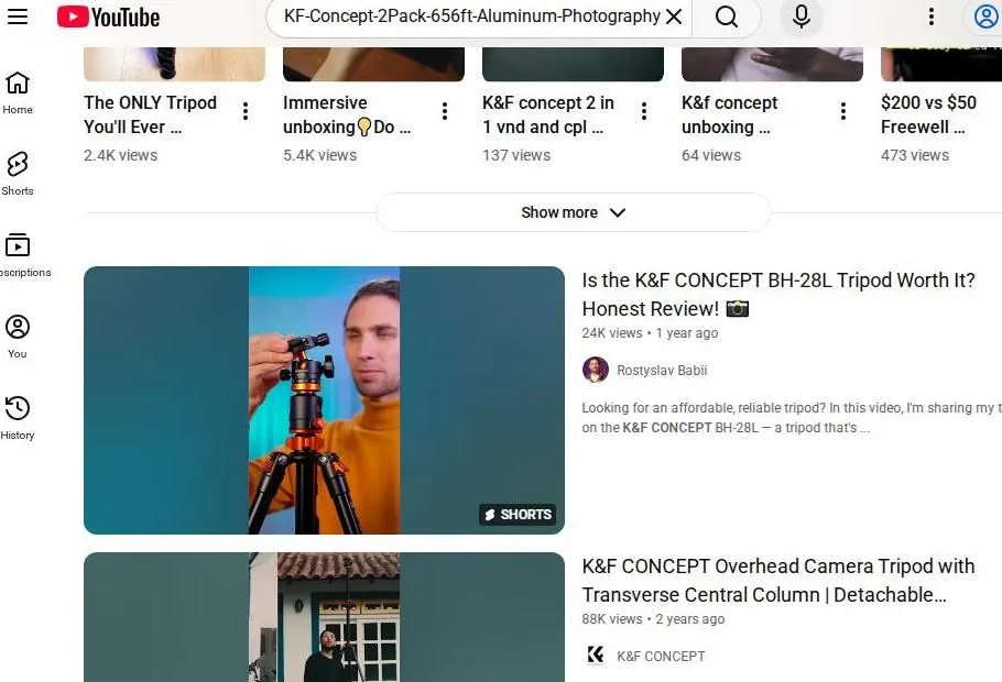 YouTube search results for KF Concept tripods