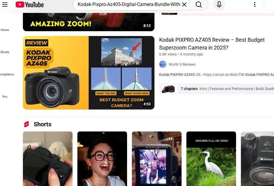 YouTube search results for Kodak PIXPRO AZ405