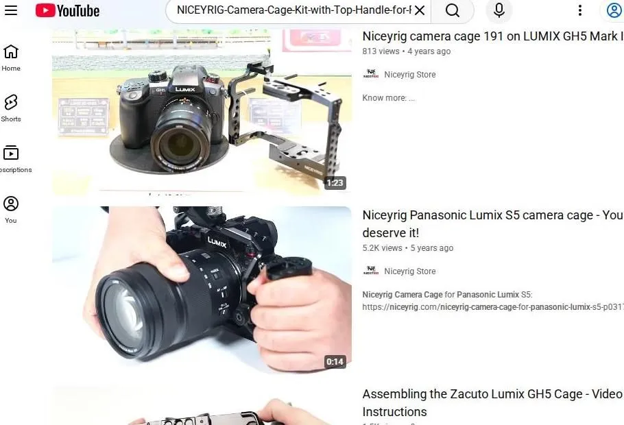 YouTube search results for Lumix camera cages