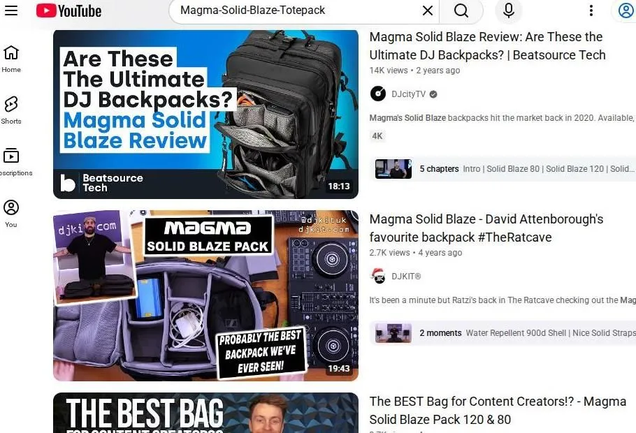 YouTube search results for Magma Solid Blaze backpacks