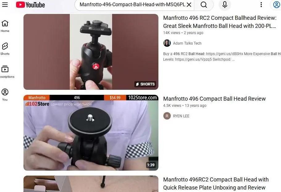 YouTube search results for Manfrotto 496 ball heads