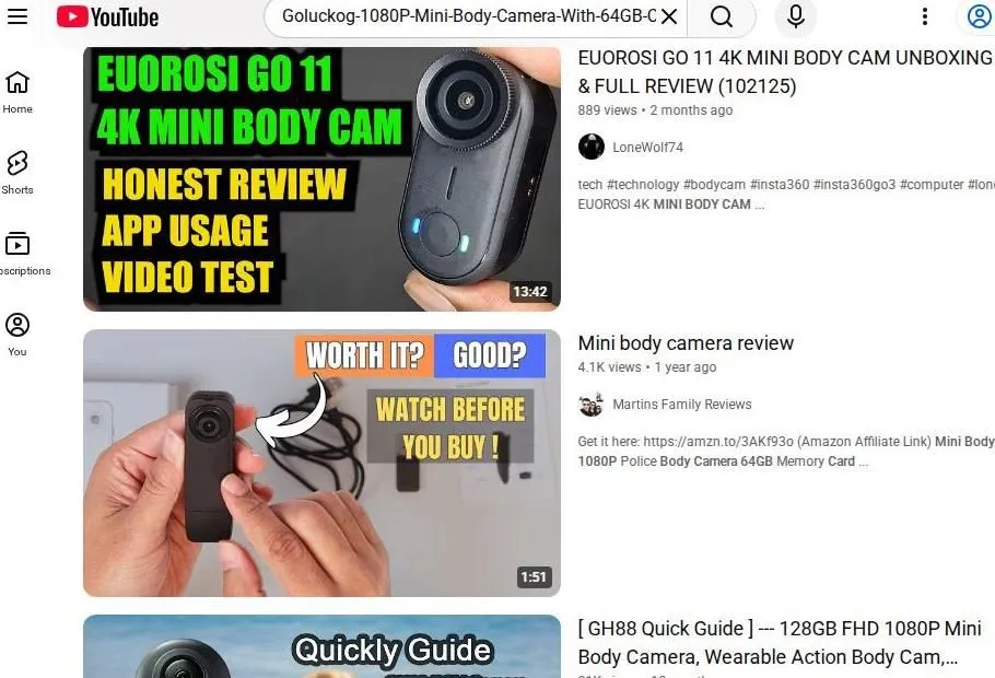 YouTube search results for mini body cameras