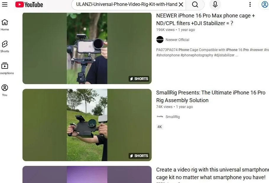 YouTube search results for mobile video rigs
