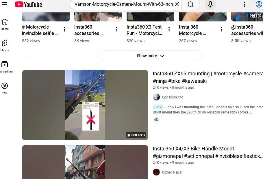 YouTube search results for motorcycle camera mounts