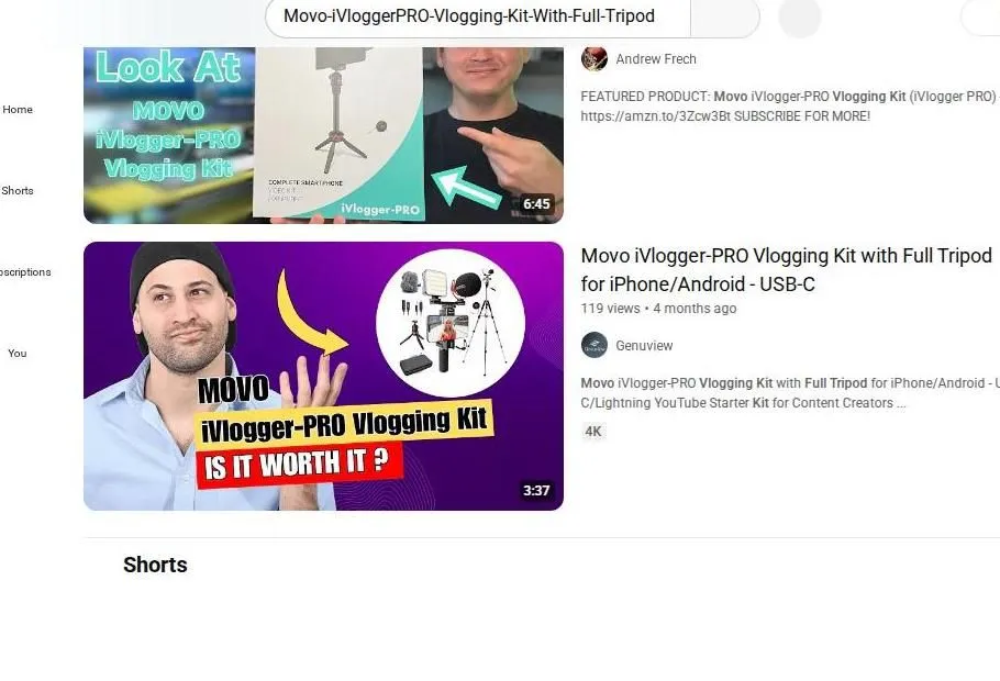 YouTube search results for Movo vlogging kit reviews