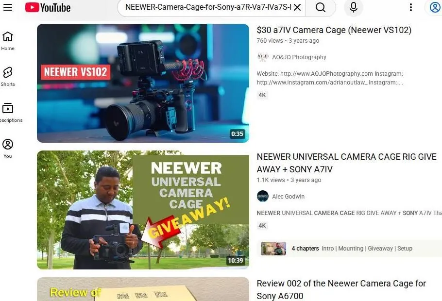 YouTube search results for Neewer camera cages