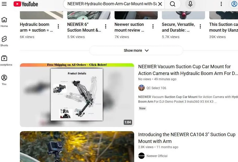 YouTube search results for NEEWER hydraulic boom arm car mounts