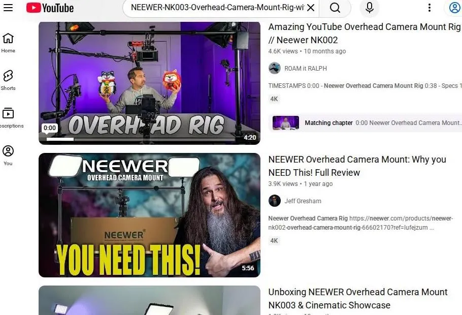YouTube search results for Neewer overhead camera mounts