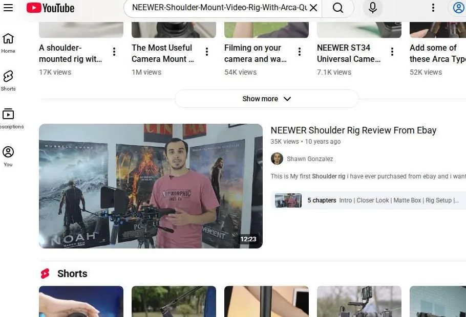 YouTube search results for NEEWER shoulder rig