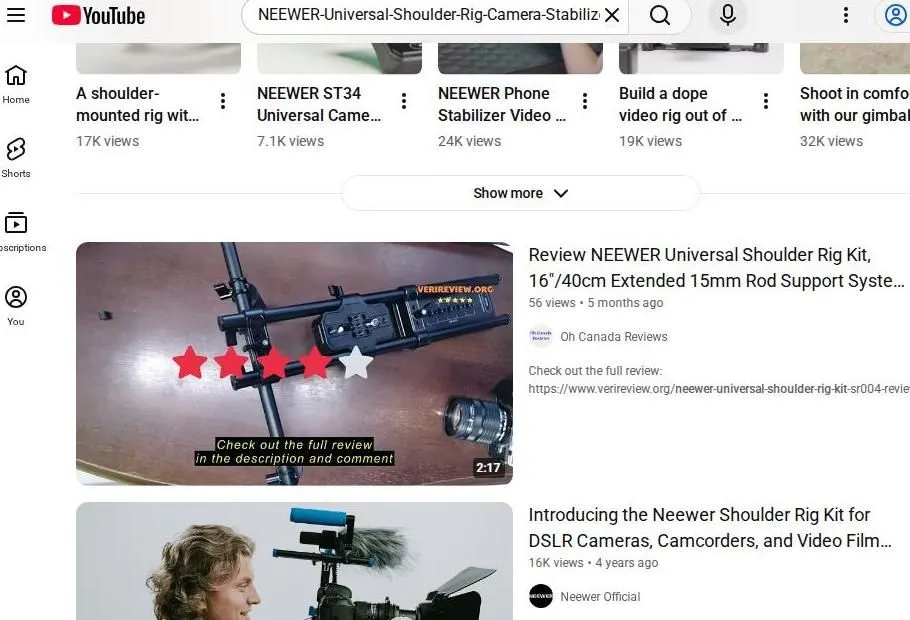 YouTube search results for Neewer shoulder rig camera stabilizers