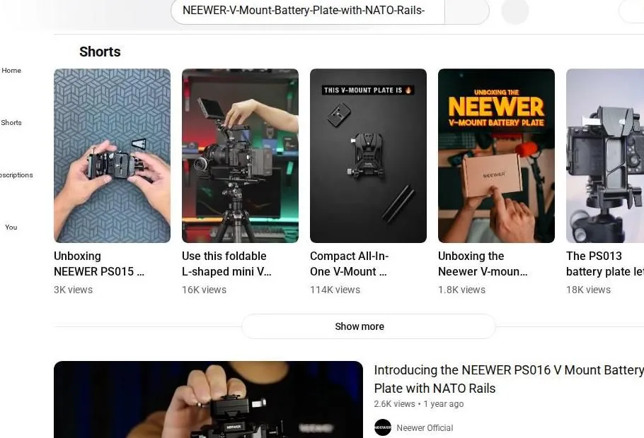 YouTube search results for Neewer V Mount battery plates