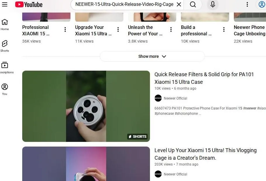 YouTube search results for Neewer Xiaomi 15 Ultra video rig