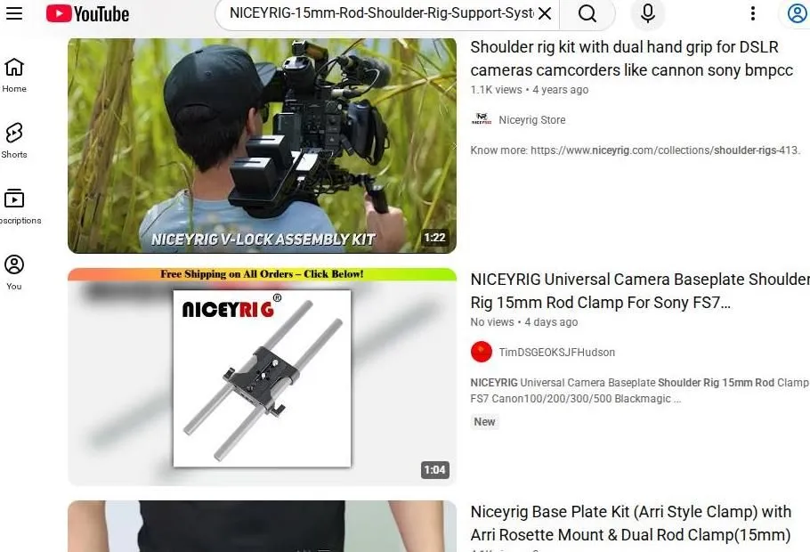 YouTube search results for Niceyrig shoulder rig equipment