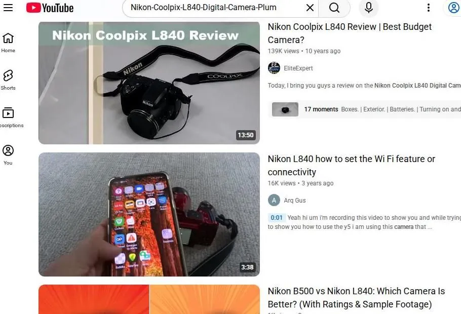 YouTube search results for Nikon Coolpix L840