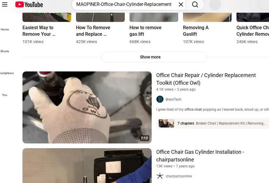 YouTube search results for office chair cylinder replacement
