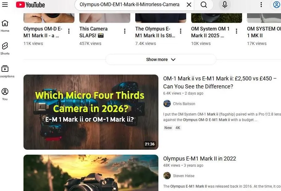 YouTube search results for Olympus and OM System cameras