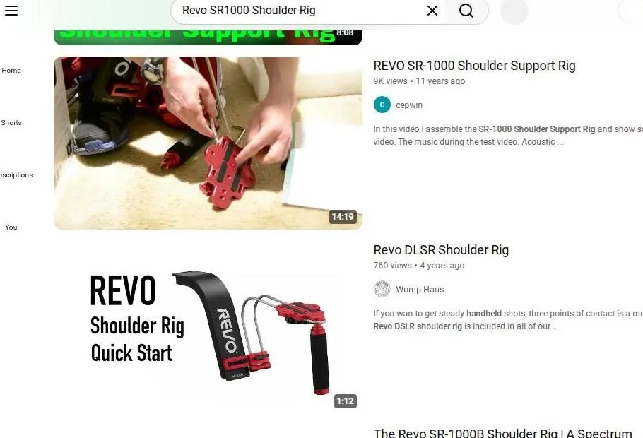 YouTube search results for Revo SR-1000 Shoulder Support Rig