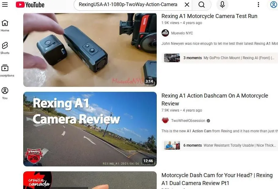 YouTube search results for Rexing A1 motorcycle camera reviews