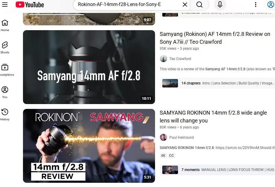 YouTube search results for Rokinon 14mm f2.8 lens