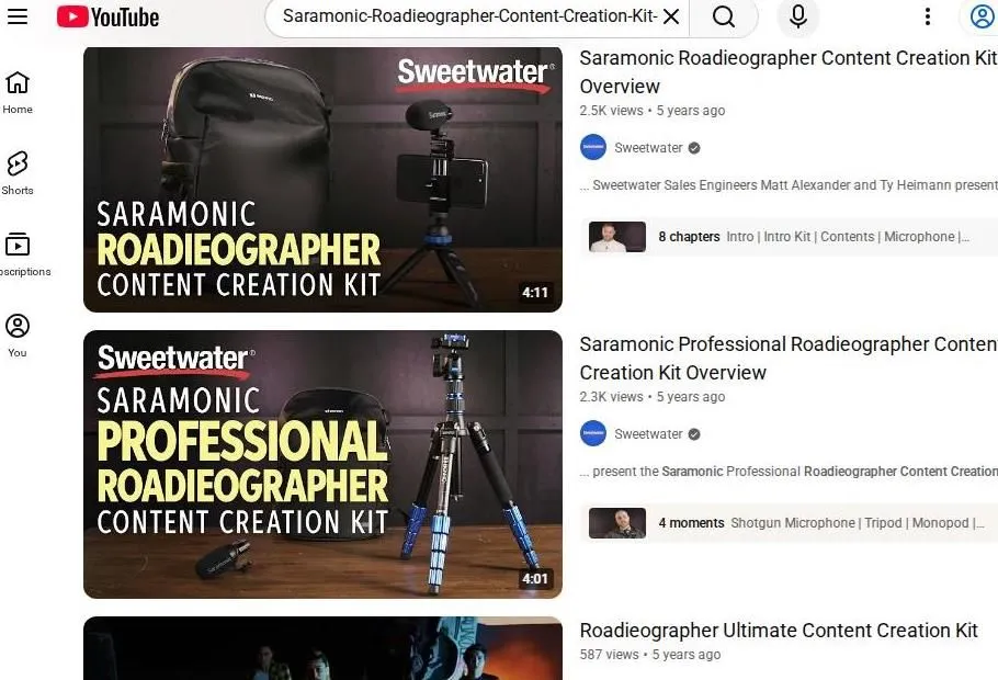 YouTube search results for Saramonic Roadieographer Content Creation Kits