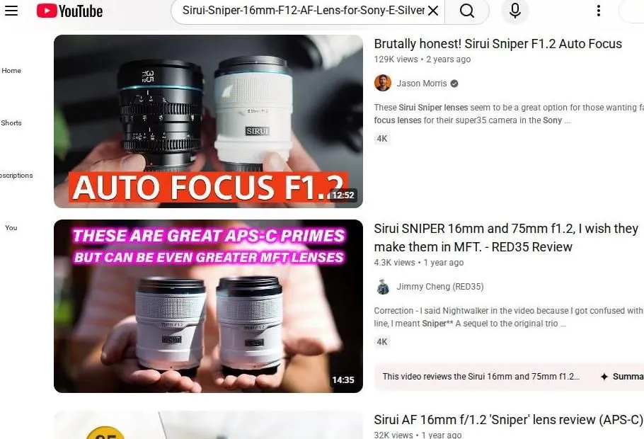 YouTube search results for Sirui Sniper lenses