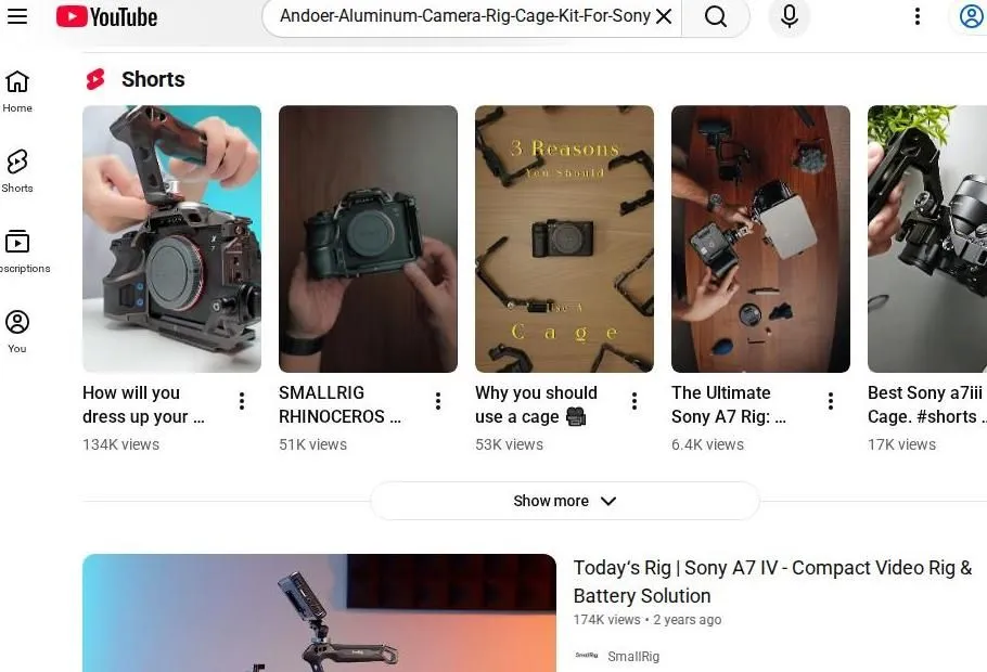 YouTube search results for Sony camera rig kits