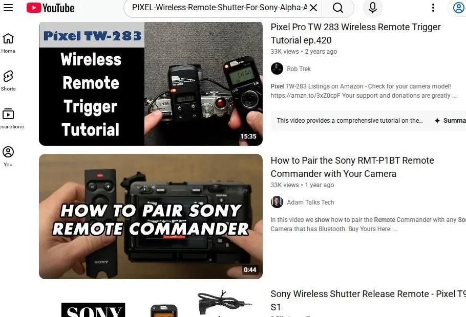 YouTube search results for Sony camera wireless remote triggers