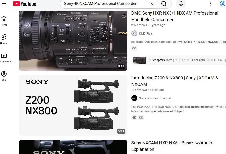 YouTube search results for Sony NXCAM professional camcorders