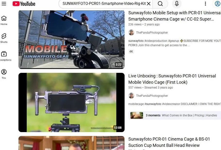 YouTube search results for Sunwayfoto PCR-01 smartphone video rig