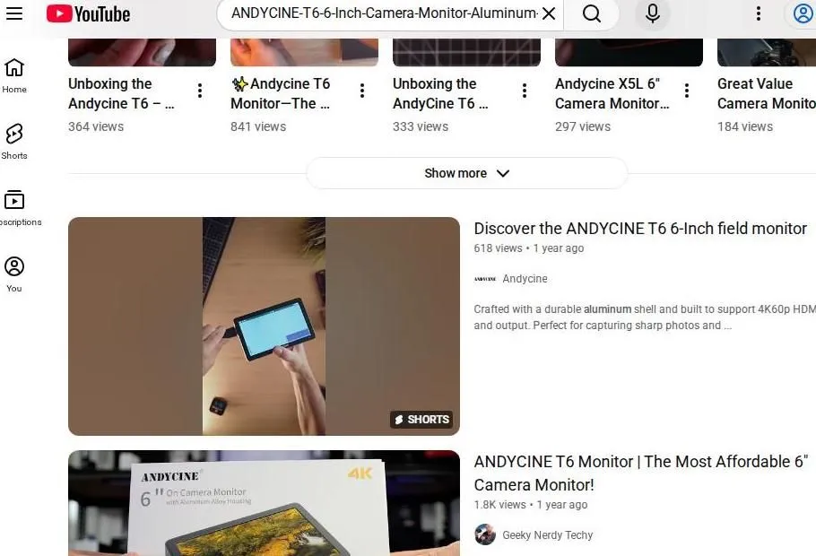 YouTube search results for the ANDYCINE T6 camera monitor