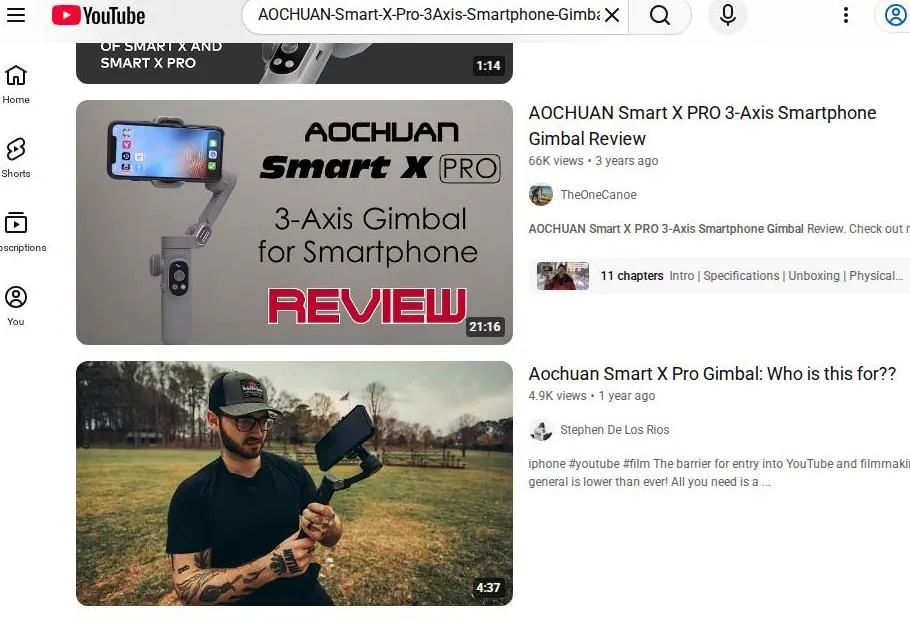 YouTube search results for the AOCHUAN Smart X Pro gimbal review