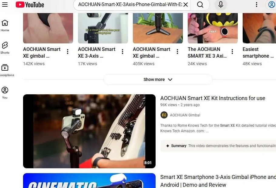 YouTube search results for the AOCHUAN Smart XE gimbal