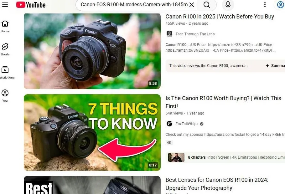 YouTube search results for the Canon EOS R100 camera