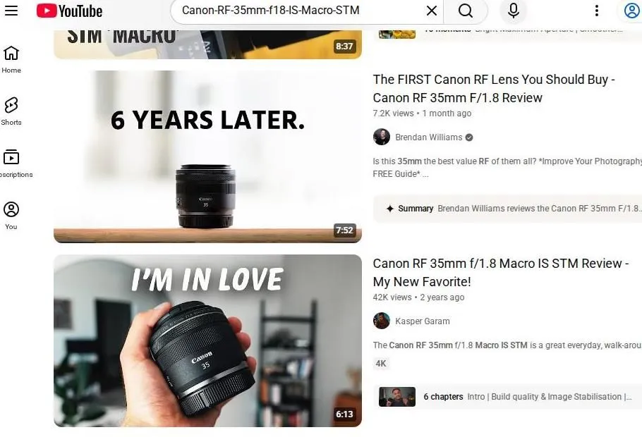 YouTube search results for the Canon RF 35mm f/1.8 lens