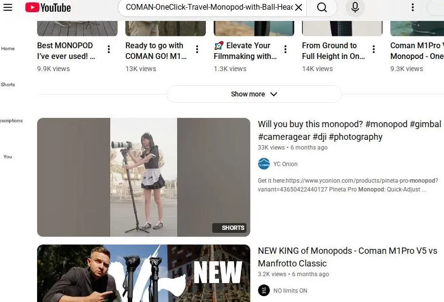 YouTube search results for the COMAN OneClick Travel Monopod