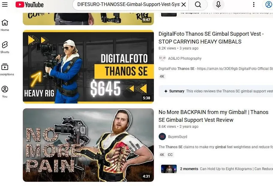YouTube search results for the DigitalFoto Thanos SE gimbal support vest