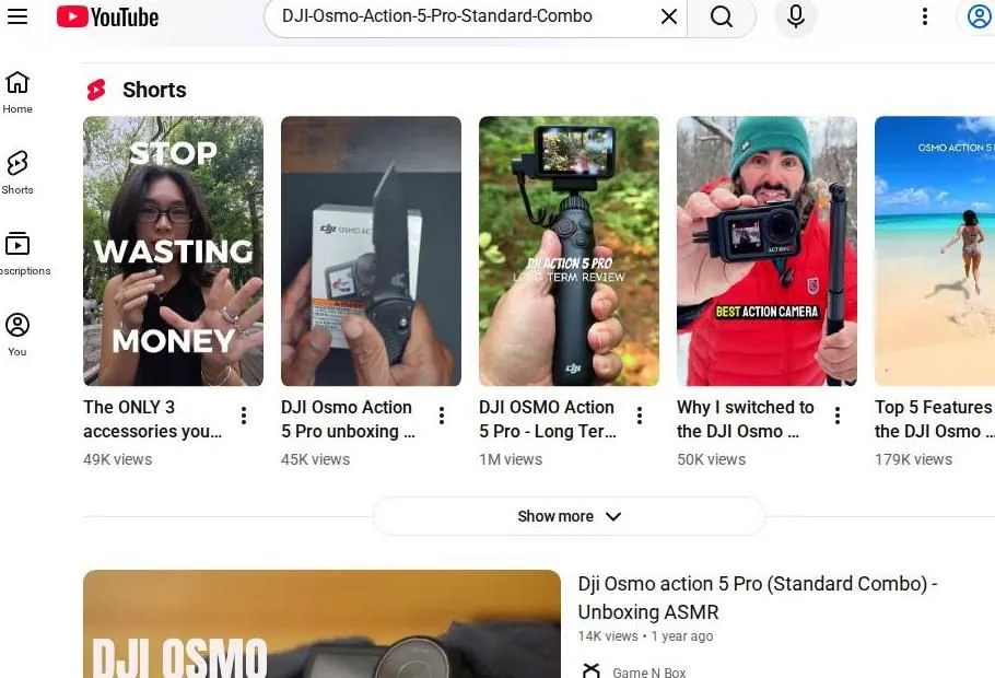 YouTube search results for the DJI Osmo Action 5 Pro