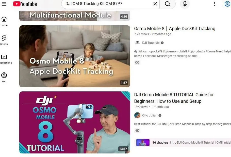 YouTube search results for the DJI Osmo Mobile 8